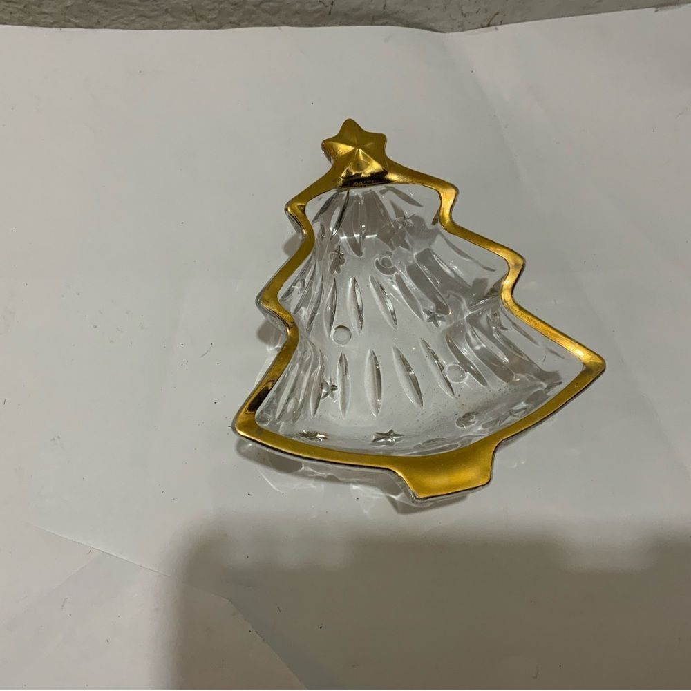 Vintage Studio Nova Japan Glass Christmas Tree Trinket Dish w. Gold Accents G9